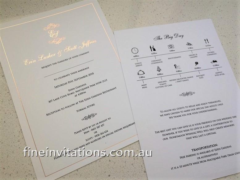 rose gold foil wedding invitations Sydney printing on back
