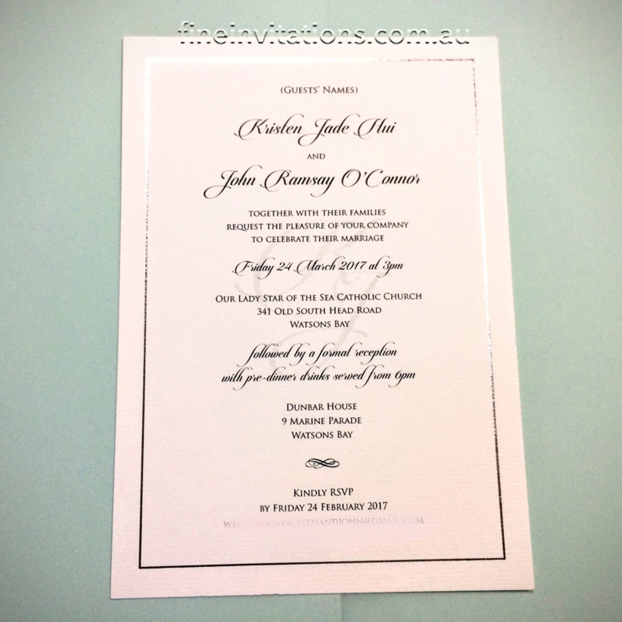 Formal A5 wedding invitation, Sydney, silver foil, elegant, watermark