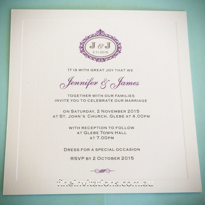 Sydney formal square invitation with ornamental header and lilac highlights