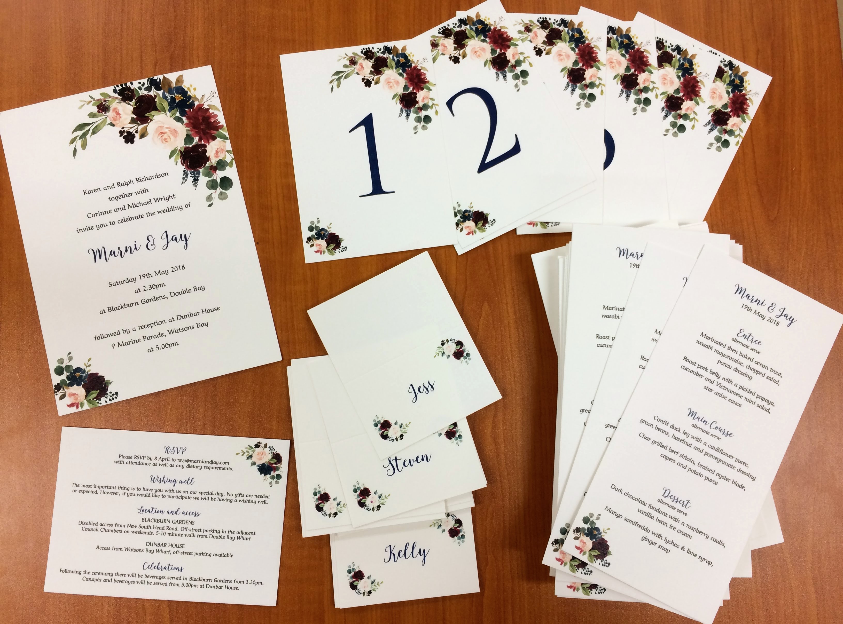 Burgundy Navy watercolour floral wedding stationery suite: wedding invitation, information card, place cards, menus and table numbers, Fine Invitations Sydney