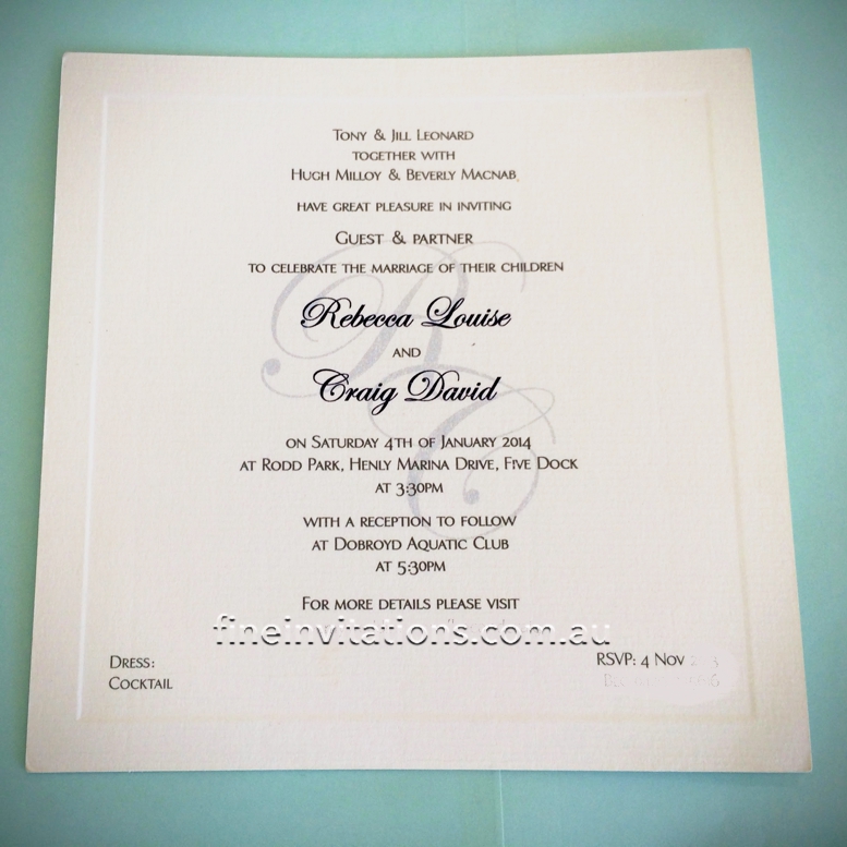 Off-white wedding invitation with watermark initials made by Fine Invitations Sydney