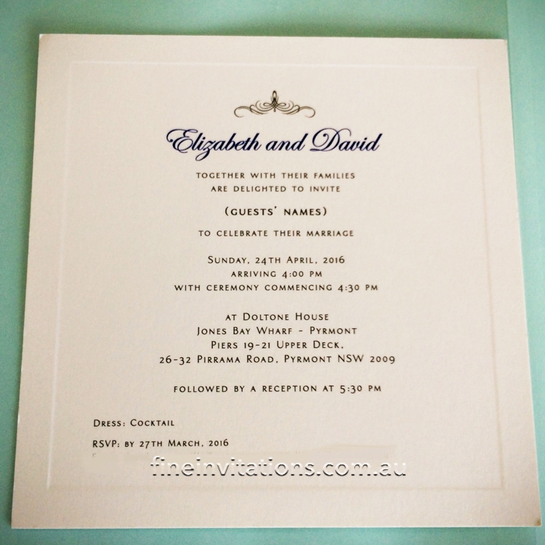 Formal Sydney wedding invitation ivory embossed