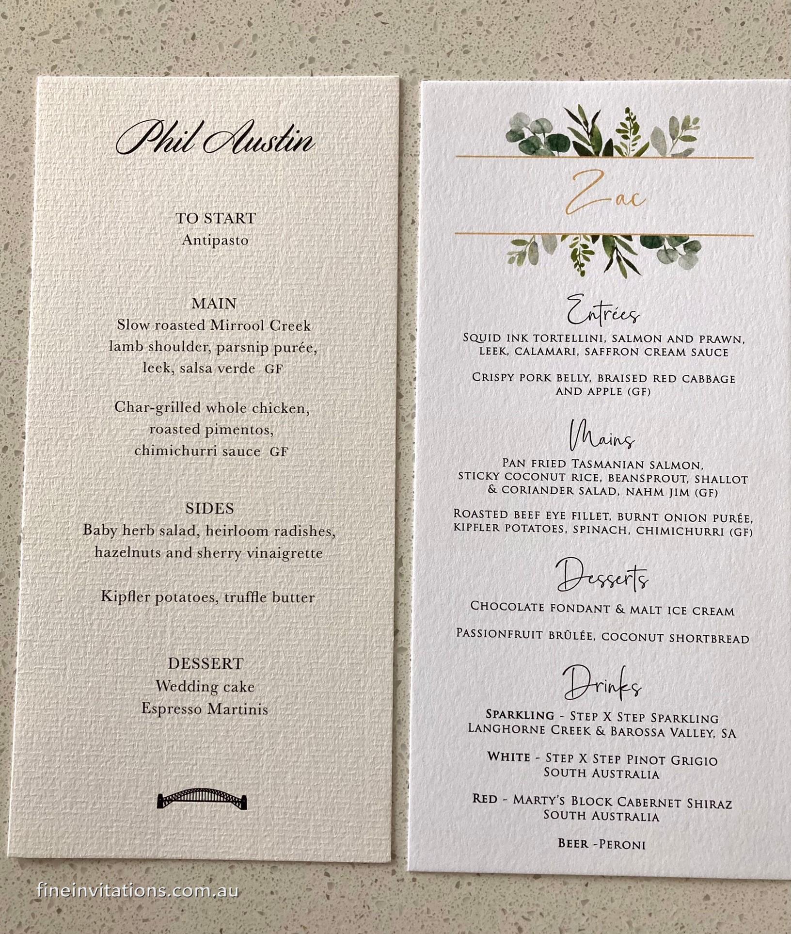 Sydney wedding menu cards