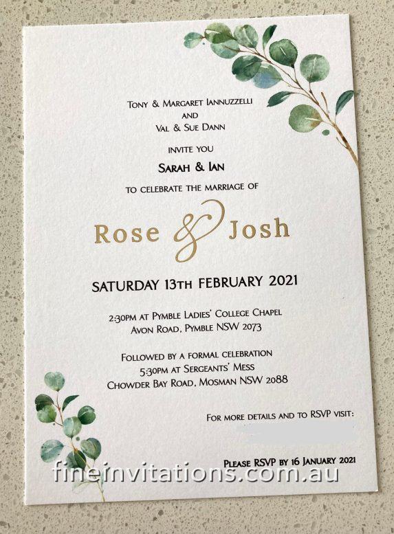 Sydney wedding invite gold foil and leaves