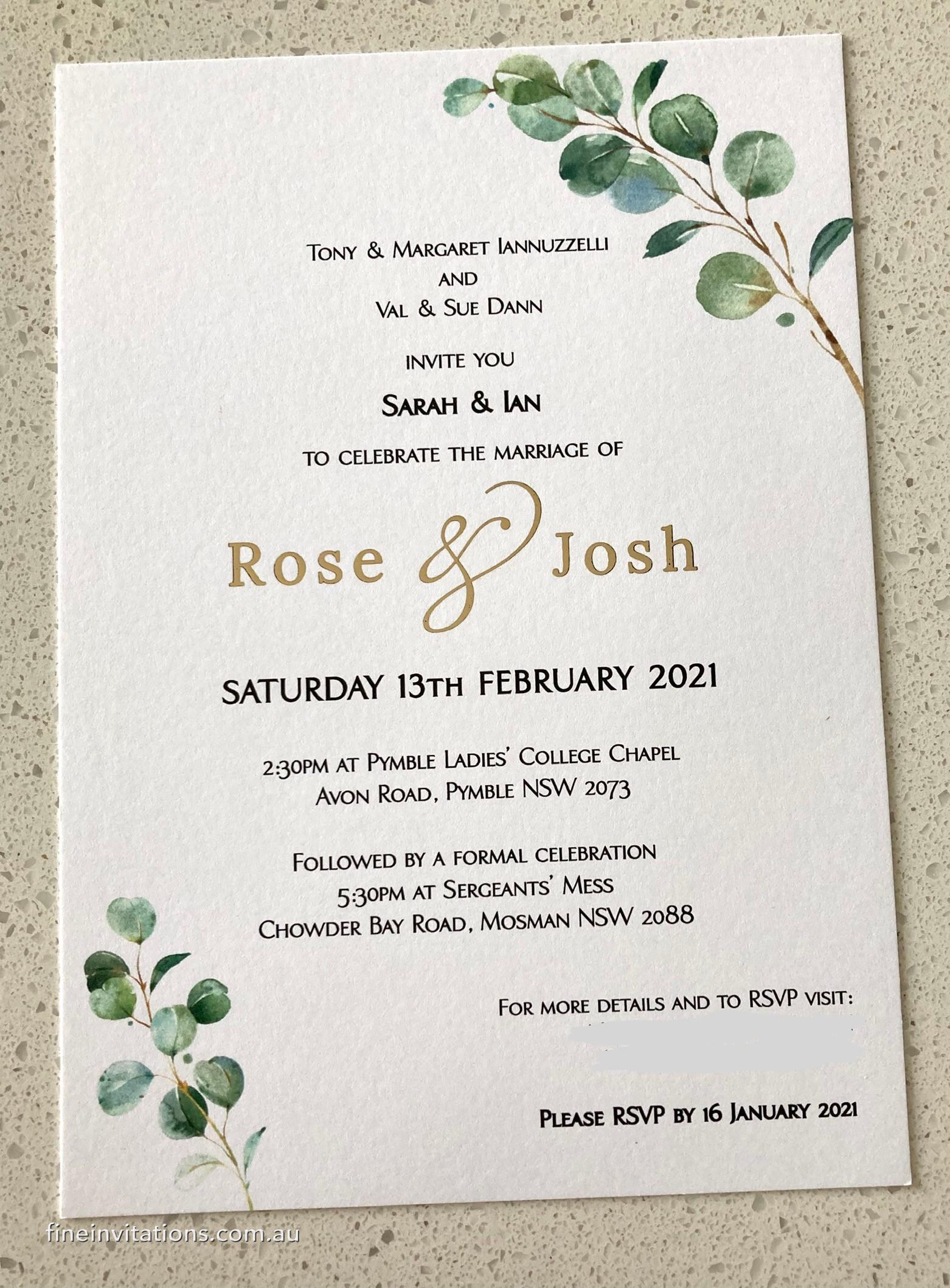 Sydney wedding invite gold foil and leaves