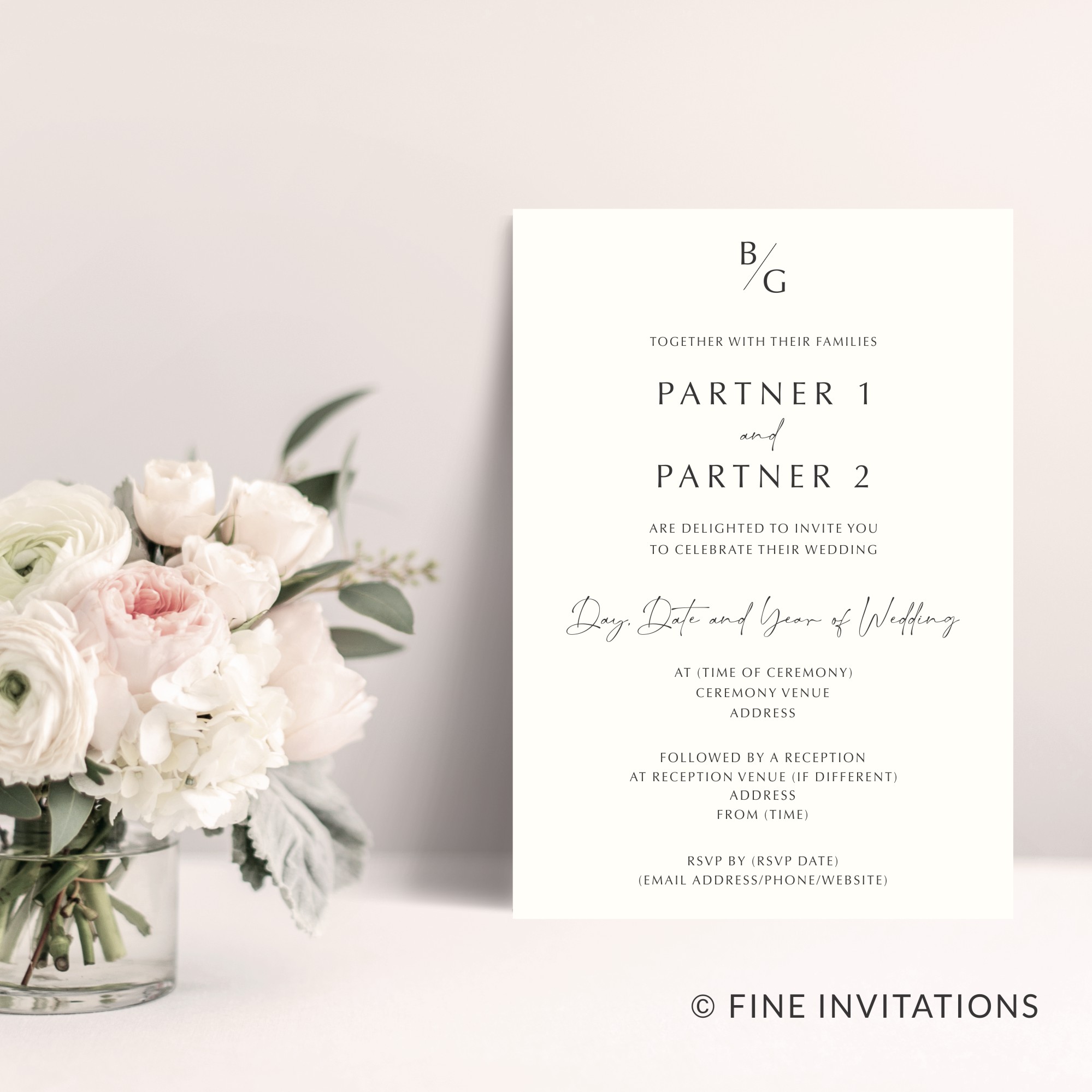 Modern wedding invitation with monogram feature