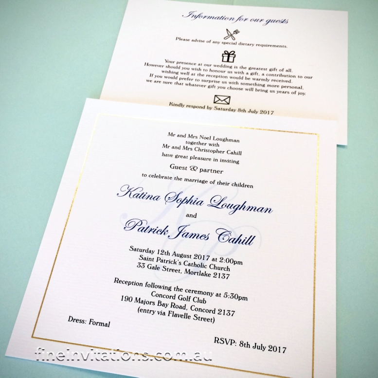 Classic white wedding invitation with gold foiled border; matching information card - Classic wedding invitations Sydney Australia