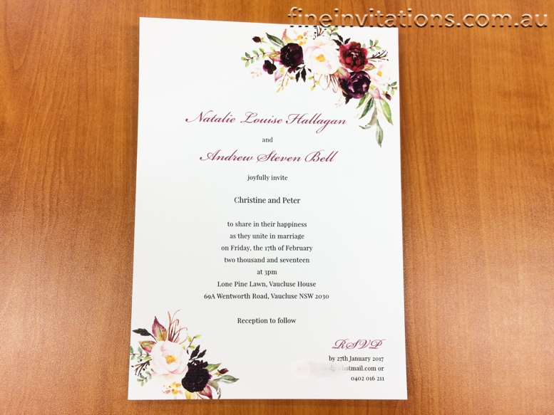 Sydney wedding invitation burgundy flower theme