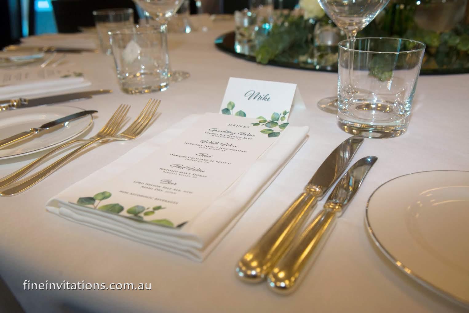 wedding place card and menu eucalyptus design Sydney wedding
