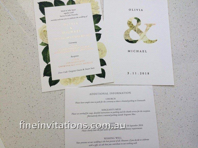 rose gold foil and flower graphic wedding invitations Sydney