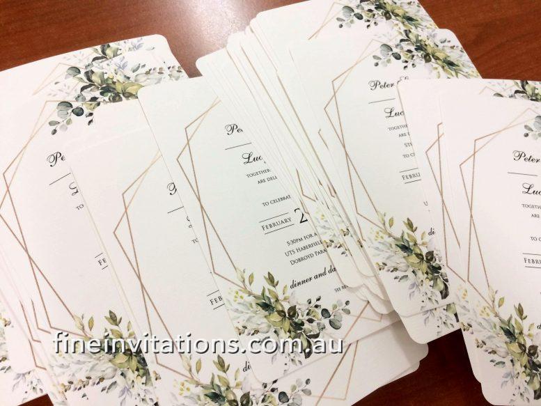 wedding invitations with leaves and geometric frame Sydney